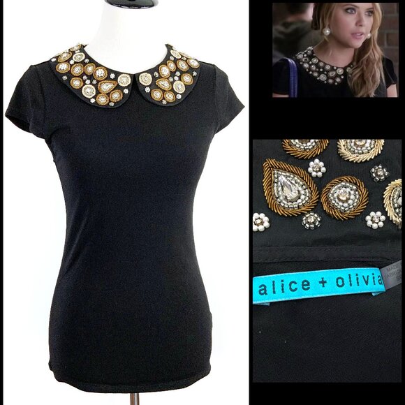 Alice + Olivia Tops - Alice + Olivia Mary Black Embellished Peter Pan Cup Sleeve Top Sz S